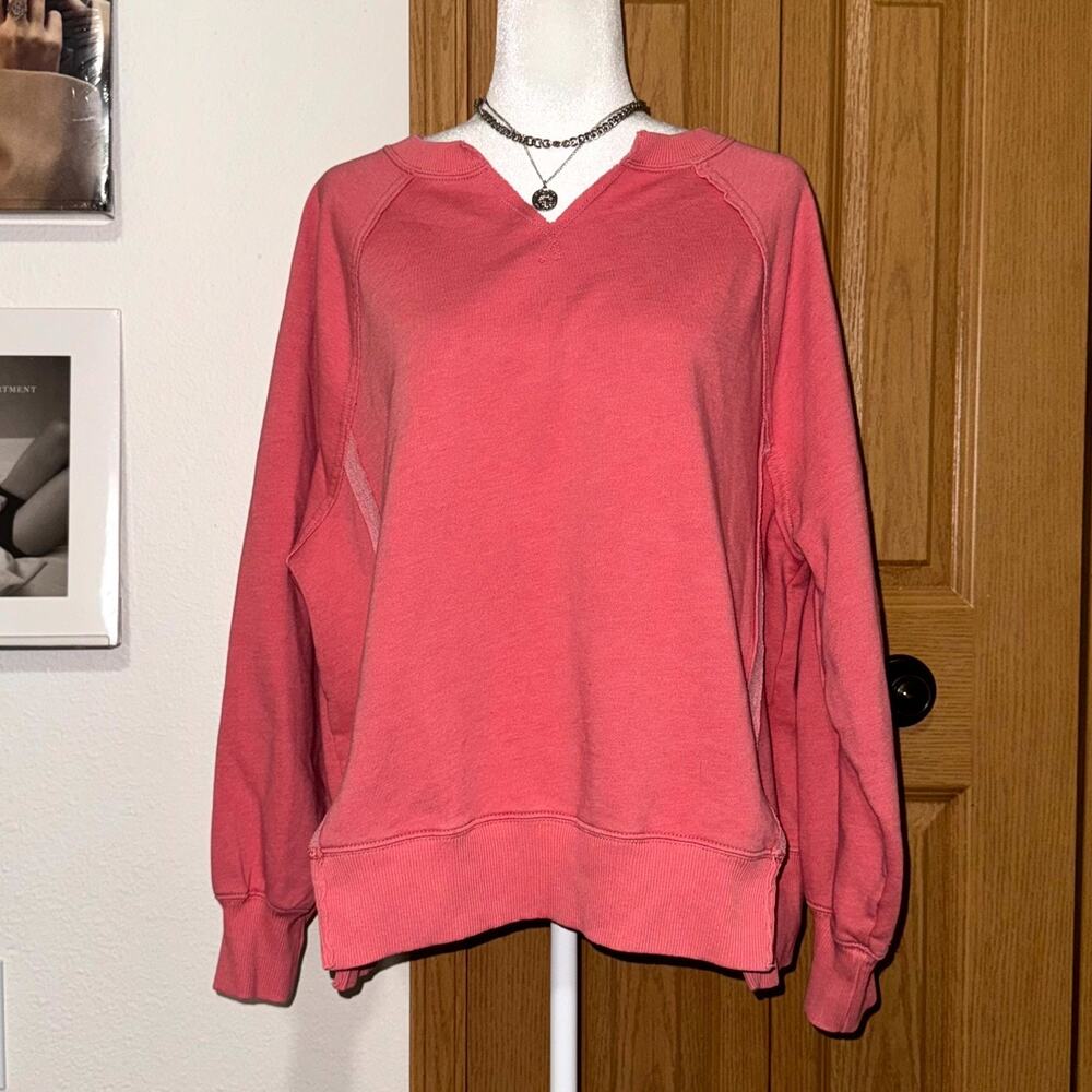 American Eagle Outfitters Sweatshirt Women's Small Pink Notch Neck Raglan Sleeve